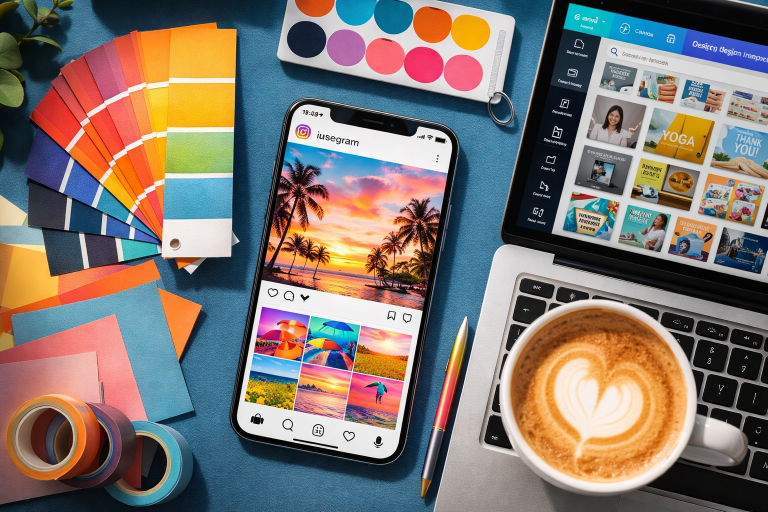 مجموعة قوالب انستقرام متنوعة وجذابة معروضة على شاشة موبايل.